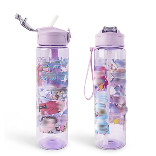 Heartsking K Pop Water Bottle for Girls Purple Reusable Plastic Water Bottle with Straw for Sports and Travel Drinkware Merch Gift for Girls Fans Teens Party Birthday