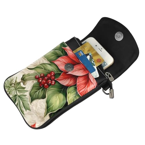 Christmas Flowers Crossbody Bag for Women PU Leather Small Travel Cell Phone Pouch Lightweight Mini Phone Purse Wallet Cross Body Shoulder Bags with Card Slots and Shoulder Strap4