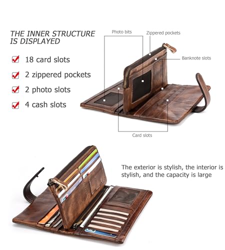 KingTo Genuine Leather Long Wallet for Women Vintage Checkbook Wallets with RFID Blocking Card Holder (Coffee color)3