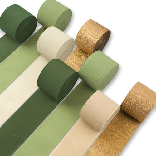 Image of PartyWoo Olive Green Crepe Paper Streamers 8pcs 656 ft Pack of Dusty Sage Green Crepe Paper Sheets for Birthday Baby Shower Graduation Woodland Dinosaur Jungle Football Theme Party Decorations