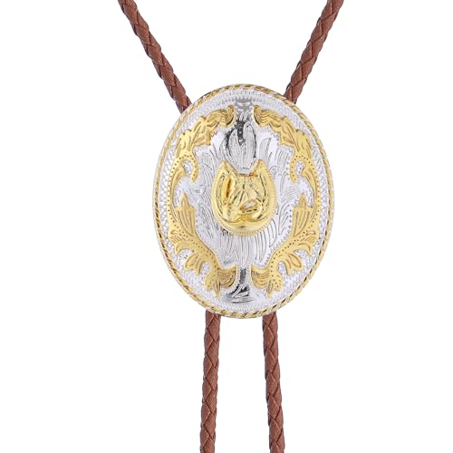 Image of GelConnie Brown Bolo Tie for Men Women Western Ties Mens Gold Bolo Tie Rodeo Cowboy Leather Necktie Cowgirl Tie Wedding