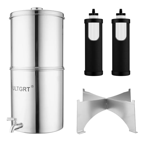 2.25G Gravity Water Filtration System 2-Stage 0.01m Ultra-Filtration Countertop Water Filter 304 Stainless Steel Gravity-Fed Water Purifier with 2 Composite Carbon Filters & Stand SQ-GTK-CUM