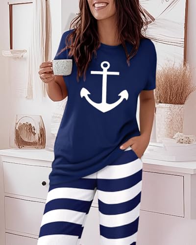 Image of CHICME Womens Pajamas Sets 2 Piece Short Sleeve Lounge Set Printed Loose Pants Pj Sets Loungewear Set
