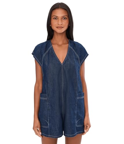 Free People Womens Free Fall Denim Rompers Deep Blue Large Inseam: 3