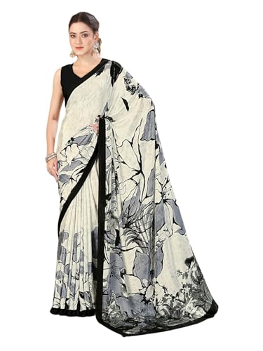 Image of SIRIL Women's Crepe Silk Printed Saree with Unstitched Blouse Piece