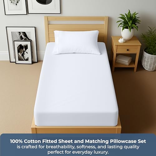 Image of ROYALE LINENS Fitted Sheet with Pillowcase - Twin XL Fitted Sheets with 1 Pillowcase - 300 Thread Count 100% Organic Cotton - Fit Mattress Up to 18 inch Deep - Soft & Breathable - White (No Flat Sheet)