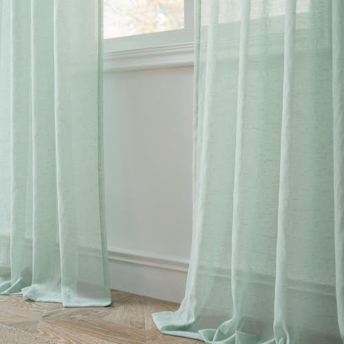 Image of FMFUNCTEX Linen Sheer Curtains for Bedroom, Sage Green Curtains 84 inches Long for Living Room, Farmhouse French Flax Blend Window Draperies, Rod Pocket 2 Panels Set