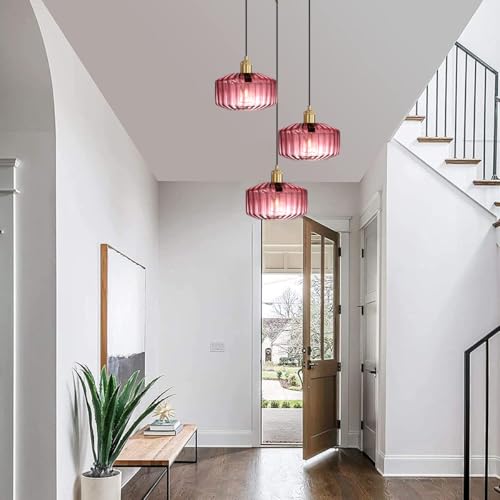 Image of 3-Light Purple Ribbed Glass Cluster Pendant Light, Mid Century Modern Gold Multi-Pendant Ceiling Lamp, Adjustable 59 inch Cord E26 Chandelier for Kitchen Island Dining Room
