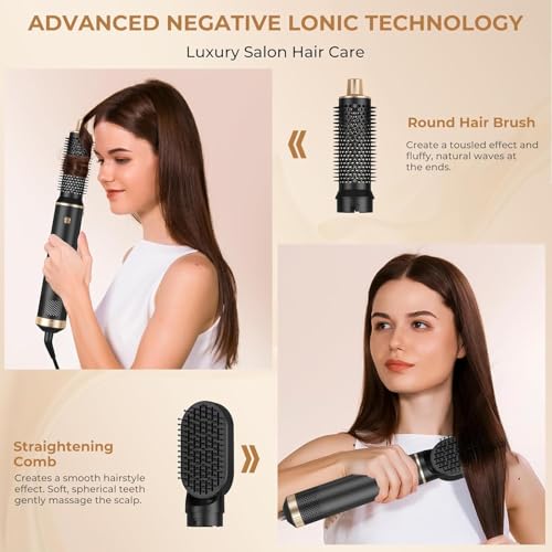 Image of 6 in 1 Hot Air Brush Hair Dryer & Volumizer, Multifunctional Hair Styler Tool for Women | Detachable Blow Dryer Brush, Hair Straightener, Curler & Crimper | Auto-Wrap Rotating Comb with Ionic Technology | Salon-Style Fast Drying & Easy Home Styling