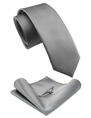 RBOCOTT Corbata estrecha de color sólido y pañuelo con clip de corbata, gris, Talla única
