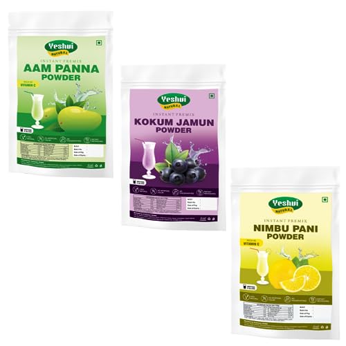 Yeshvi NATURAL Aam Panna Powder & Kokum Jamun Fruit Juice Powder With Nimbu Pani Powder Combo Pack, Instant Drink Mix Powder, Immunity Booster, Freshens Breath Any Time Of The Day, 300gm