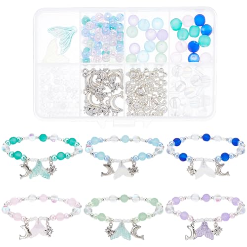 SUNNYCLUE 1 Box DIY 6 Sets Ocean Theme Bracelet Making Kit Glass Ocean Beads Fishtail Dolphin Charms Beach Sea Animal Charm Hawaii Summer Glass Beads for Jewelry Making Kits Women Adults Supplies
