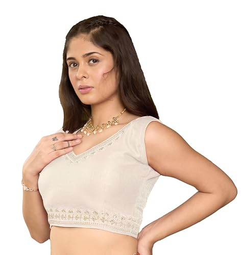 Image of Pujia Mills Women's Sequin Embroidered V Neck Sleeveless Readymade Saree Blouse Indian Ethnic Designer Stitched Readymade Saree Blouse Sleeveless Blouse Readymade Blouse for Women
