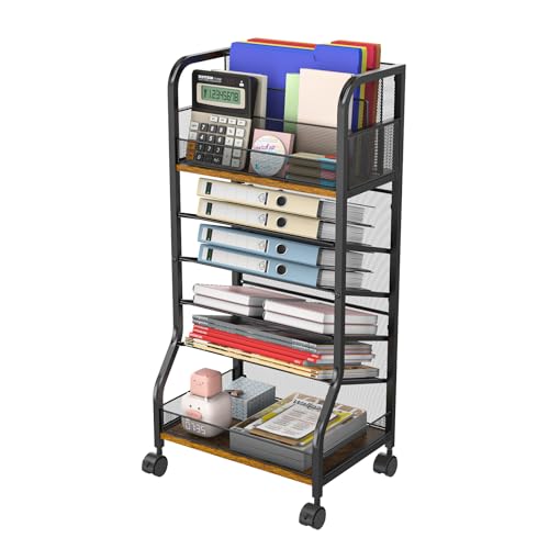 Rolling File Cart 6 Tier File Organizer Cart,Rolling Office Cart Homeschool Organization,Paper Organizer Desk Beside Mobile Bookshelf,Wood and Mesh Design with Detachable Wheels Removable Trays