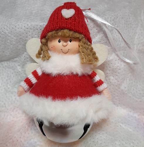 Campanella Natalizia Decorativa, Angelo in Resina con Vestito Rosso e Bianco, Ornamento da Appendere con Dettagli in Stoffa e Metallo