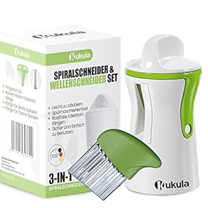 KUKULA Spiralschneider & Wellenschneider Set für Gemüsespaghetti, Pommes Obst und Gemüse. Küchenhelfer mit acht leckeren Rezepten in unserem Kochbuch