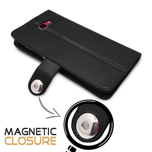 Image of Pikkme Samsung Galaxy J4 Plus Flip Cover Leather Finish | Inside TPU with Card Pockets | Wallet Stand and Shock Proof | Complete Protection Button Flip Case (Black)