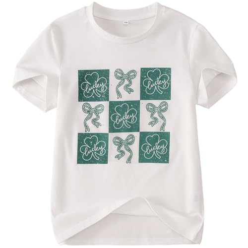 Image of Kid Girls St. Patricks Day Shirts Bow Lucky T-Shirt Shamrock Tees Clover Short Sleeve Tops Irish Outfits 7-12 Years