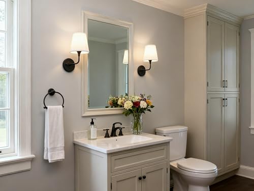 Image of Phansthy Hardwired Brass Boho Wall Sconces Set of 2, Vintage Industrial Wall Lamps, Vanity Sconces Wall Lighting with Natural Fabric Shade for Bathroom Bedroom Living Room (Black + White Shade)