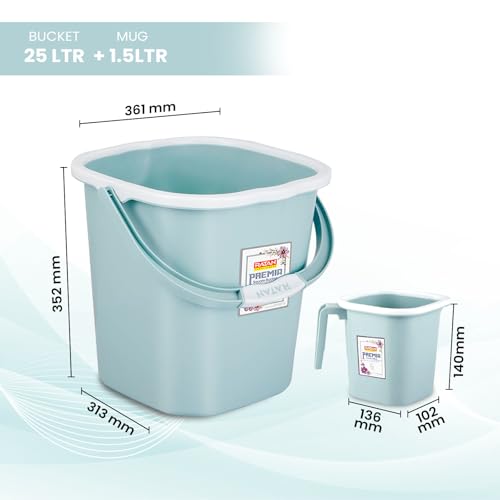 Image of RATAN PLASTICWARE Premia Bathroom Set (Bucket 5L X 1) + (Bucket 25L X 1) + (Mug 1.5L X 1) + (Small Stool X 1) - Mint|Easy to Carry | Perfect for Use in Bathrooms, Kitchen & Wet Utility Areas
