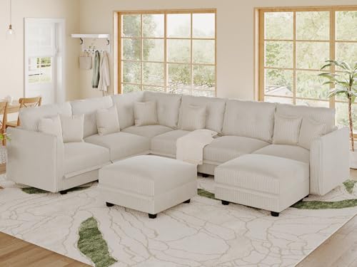 Image of LLappuil Modular Storage Sectional Sofa with Ottoman, U Shaped 8-Seat Corduroy Couch with 7 Throw Pillows, Convertible Sofa Set for Living Room, Skin-Friendly & Soft, Scratch Resistant, Beige