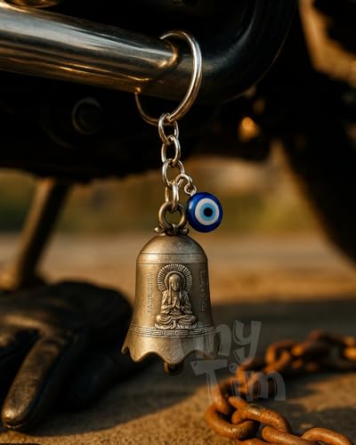 Image of Tiny Tim Guardian Bell with Evil Eye Charm - Protective Motorcycle & Car Accessory - Tibetan-Inspired Design - Wards Off Negative Energy - Ideal Gift for Bikers & Travelers