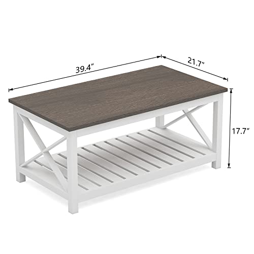 Choochoo Coffee Table, Rustic Farmhouse Table With Shelf For Living Room, Vintage Finish White #TOP1