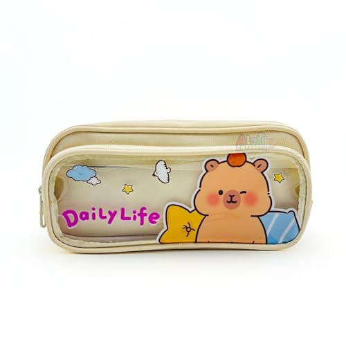 Image of Alokik Enterprise Cute Cartoon Pencil Pouch with Double Zipper & Transparent Window, Large Capacity Fabric Pen Case for School, Office, Students, Kids & Teens (Daily Life Off White Pouch)