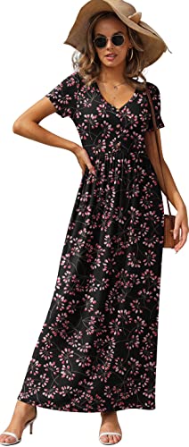 Image of GRECERELLE Womens Summer Long Maxi Dresses 2026 Short Sleeve V Neck Casual Button Dress with Pockets