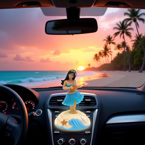 Wpppan Blue Dashboard Hula Bobble Head Solar Powered Hawaiian Hula Shaking Head Dancing Toy Figure for Car Interior Decorations Ornament Play Figures Style