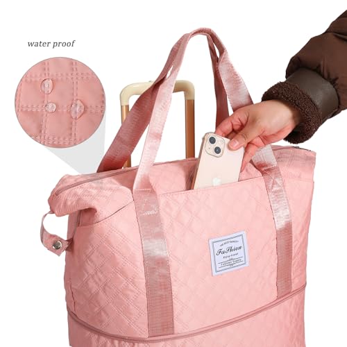 Lightweight Expandable Waterproof Travel Tote Bag for Women - Diamond Quilted Weekender Duffle Bag Carry On, Airplane Approved Overnight Bag, Durable Family Vacation Essentials (Pink)4