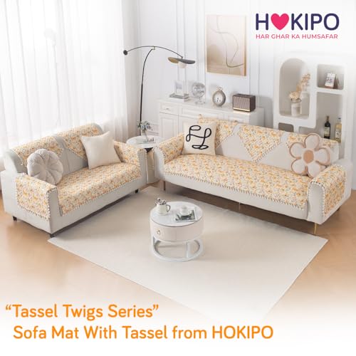Image of HOKIPO Sunlit Butterfly Quilted Sofa Cover 5 Seater Set with Tassels - Washable 3+2 Sofa Cover Mat |'Tassel Twigs' Series (IN-985-T3 + IN-983-T3)
