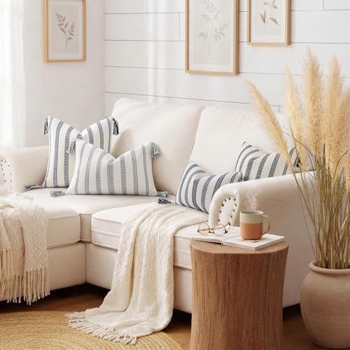 Smile Bee Boho Outdoor Couch Throw Pillow Covers Set of 2, Decorative Thick Woven Striped Accent Neutral Pillow Covers with Tassels for Bed Sofa Home Decor, 18x18 Inch, Black and Cream White — view 3
