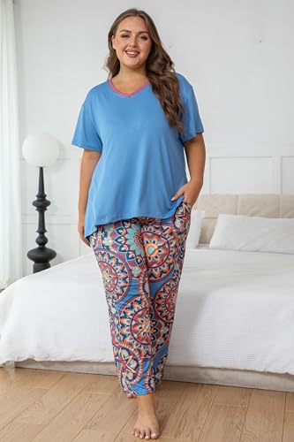 Image of Vozanet Women's Pajama Sets Short Sleeve with Long Pant Soft Sleepwear Printed pj Loungewear With TWO Pockets Size 1X to 5X