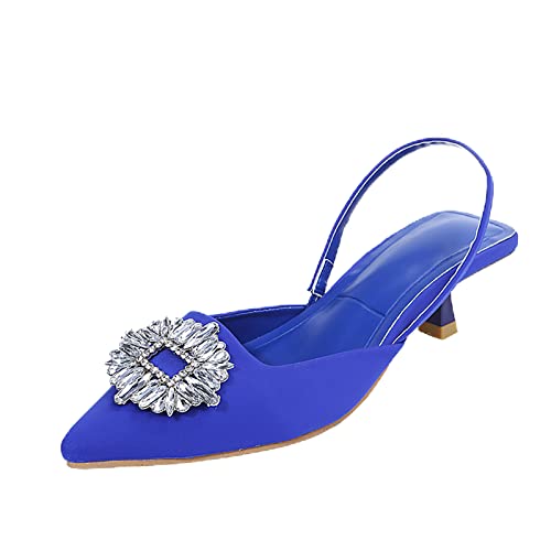 Ladies Slingback Kitten Heel Court Shoes for Women Mid Heel Diamante Pointed Toe Wedding Prom Dress Sandals Blue