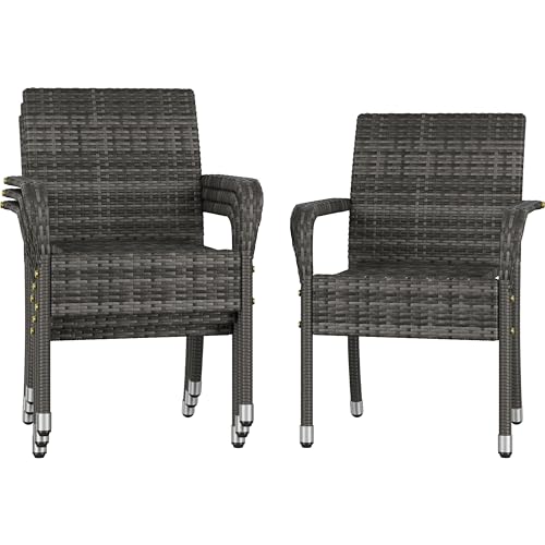 Abician Lot de 4 Chaises de Jardin en Rotin Synthétique Fauteuils Empilables d'Extérieur avec Accoudoirs Cadre en Métal Terrasse Véranda Balcon Salon Salle...