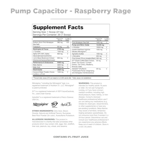 Image of Nutrithority Pump Capacitor Non-Stimulant Sugar-Free Pre Workout for Men & Women, Raspberry Rage, 40 Servings - Nitric Oxide Booster, Intense Focus, Powerful Pumps & Strength Gains