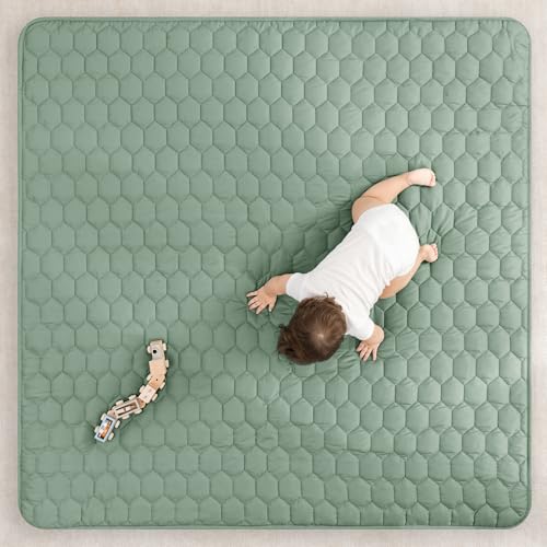 Comfy Cubs Square Kids Play Mat - 56 x 56 inches Soft Quilted Baby Floor Mat with Non-Slip Bottom - Plush Design for Toddlers\' Playtime - Comfortable and Durable - Fern