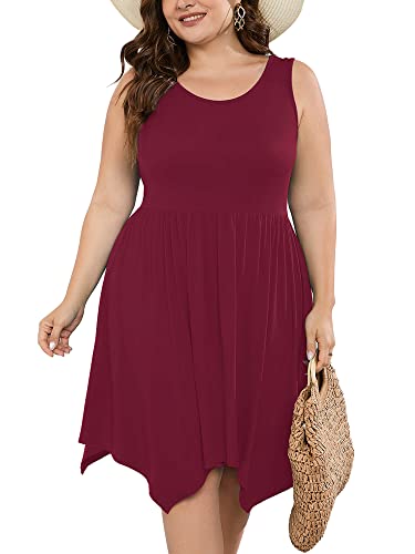 Image of AusLook Plus Size Summer Tank Dress for Women Casual Sleeveless Crewneck Pleated Babydoll Swing Sundresses with Pockets 1X-5X