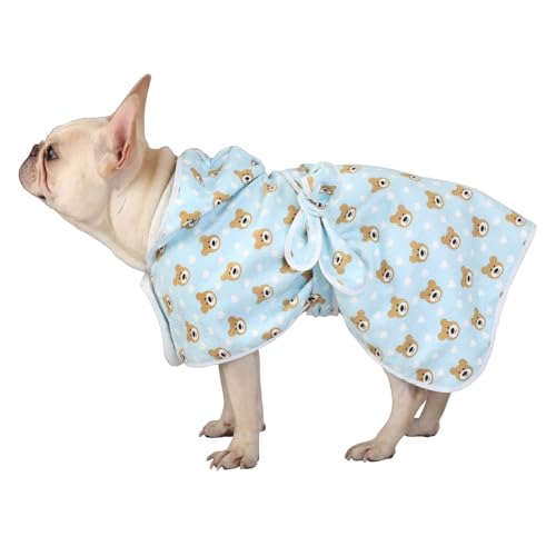 HDE Hunde-Bademantel, super saugfähig, schnell trocknend, für Welpen, verstellbar, mit Kapuze, Teddybären, Größe M