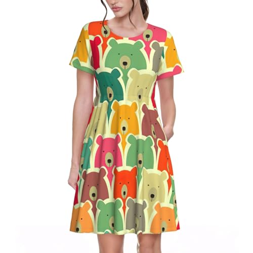 Robe d'été femme à manches courtes et imprimé ours colorés