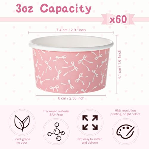 Image of Maxdot 60 Pcs 3 oz Paper Ice Cream Cup Disposable Dessert Western Cup Paper Yogurt Snack Bowl Bulk for Hot and Cold Food Ice Cream or Mousse for Birthday Valentine Party Supplies(Pink,Bow Knot)