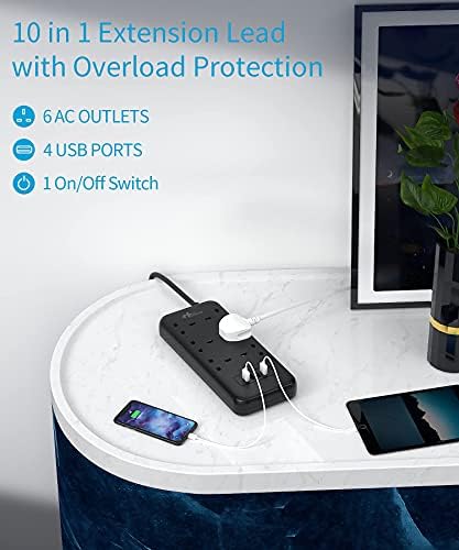 Hulker Extension Lead with USB Slots 6 Way Socket 4 USB 5V 3.4A Surge Protection Extension lead with switch Extension Plug board Power Strip with USB
