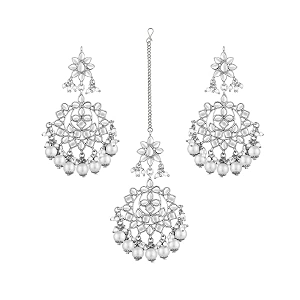 Peora Traditional Gold Plated Kundan Blue Faux Pearl Wedding Chandbali Earrings with Maang Tikka Jewellery Set for Women Girls