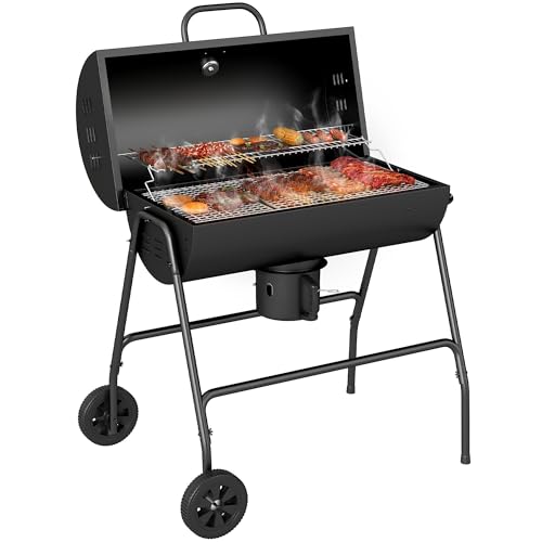 Outsunny Barbecue au charbon de bois avec couvercle, barbecue charbon de bois grande taille avec grille et thermomètre, BBQ avec roues, poignée, pour jardin,...