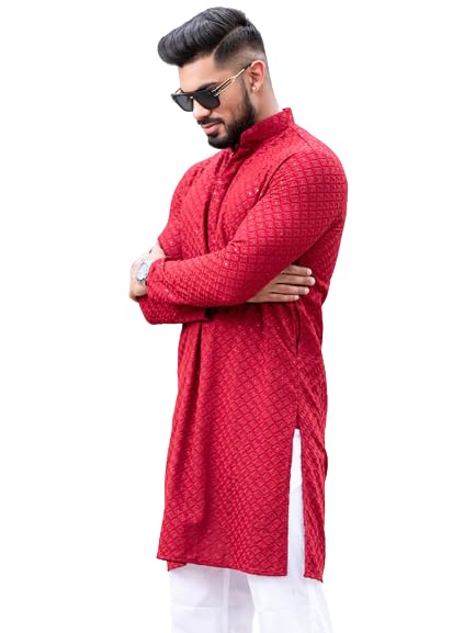 Image of Men's Floral Embroidered Cotton Rich Traditional and Lakhnavi Ethnic Wear Straight Partywear Kurta Set Pack Of 01.