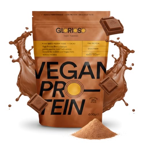 GLORIOSO 600g Proteína Vegana Chocolate Sin Lactosa ni Azúcar con DigeZyme® - Proteína Isolate para Deportistas con 21g por Servicio - Vegan Protein con Mezcla de Guisante, Arroz, Calabaza y Girasol