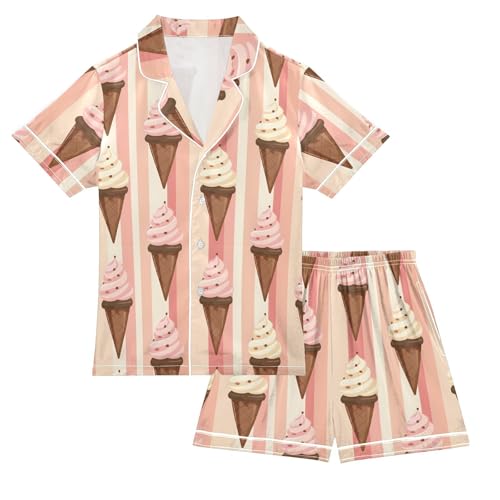 ALAZA Striped Ice Cream Satin Pajamas Set Short Sleeve Button Down Sleepwear Summer Pjs 2 Piece