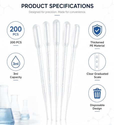 Image of Zkupanx 200PCS Thickened Transfer Pipettes 3mL, PE Plastic Pipettes Dropper | Clear Graduated Markings, For Essential Oils Lab Crafts Science Experiments, Disposable No Cleanup Needed