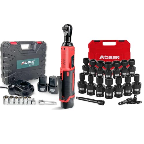 Image of AOBEN Cordless Electric Ratchet Wrench Set &18 PCS 1/2" Drive Shallow Swivel Socket Set